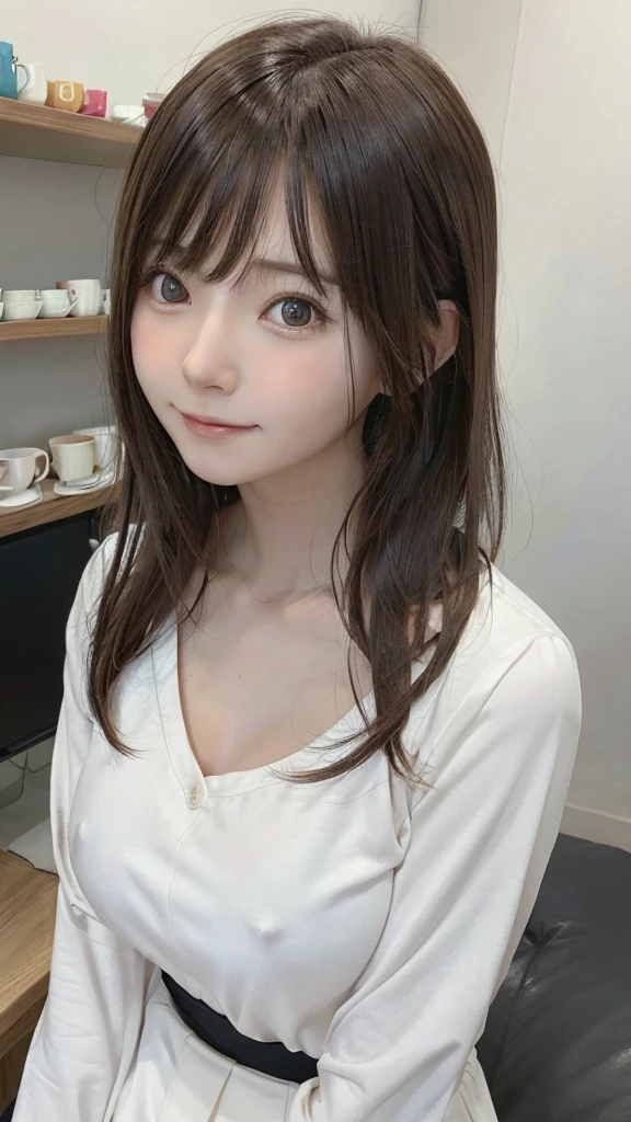 There is a woman holding a coffee cup, Real life anime girls, realistic Young Anime Girl, portrait of Cute Anime Girl, Cute natural anime face, Cute realistic portrait, Realistic Anime 3D Style, pretty girl, Attractive anime girl, Photorealistic Animation, Mysterious Coffee Shop Girl, Young Anime Girl, Cute Anime Girl, Long Hair Anime Girl,smile