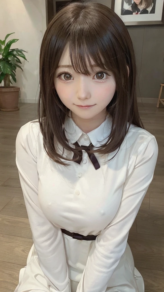 There is a woman holding a coffee cup, Real life anime girls, realistic Young Anime Girl, portrait of Cute Anime Girl, Cute natural anime face, Cute realistic portrait, Realistic Anime 3D Style, pretty girl, Attractive anime girl, Photorealistic Animation, Mysterious Coffee Shop Girl, Young Anime Girl, Cute Anime Girl, Long Hair Anime Girl,smile