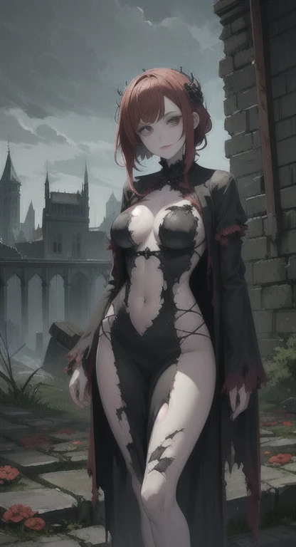 masterpiece, best quality, solo, mythical empress, flower hair, red eyes, red hair, torn clothes, decaying undead, pale, scarred skin, female creature, castle ruins,