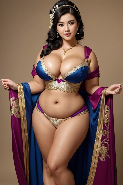 GEISHA ,CHUBBY, BBW, photo vintage, visage feminin parfait, BLACKHAIR , tache de rousseur, 1788, big huge breasts : 68H,FRONT VIEW, Rembrandt LIGHT , EXTREME LONG V-NECK, BIG CLEAVAGE, BEAUTIFUL EYES, BEAUTIFUL HANDS, LIGHT SMILES, PERFECT FACE, tres long décolleté , NECKLACE, RING, JEWELERY RICH, SFW, FULL BODY, COLORFUL, SEXY ROYAL LINGERIE, ENORMOUS BREAST, AROUSED, DETAILLED FACE, PERFECT BODY, WHITE- GOLD COSTUME, HANDS BEHIND HER BACK,