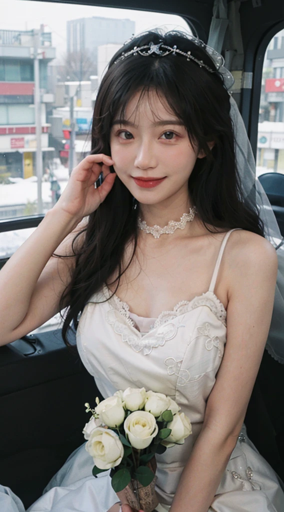 best qualtiy，tmasterpiece，Ultra-high resolution，（realisticlying：1.4），2girls，winking，Large wavy curls，Goose egg face，tiara crown，Enchanted smile，double eyelid，A pair of peach blossom eyes，Lace wedding dress，Pure，choker necklace，adolable，Snow-white translucent skin，head straight-looking at viewer，On a helicopter，Full of atmosphere，hair pin：1.4，（The upper part of the body：1.4），half naked
