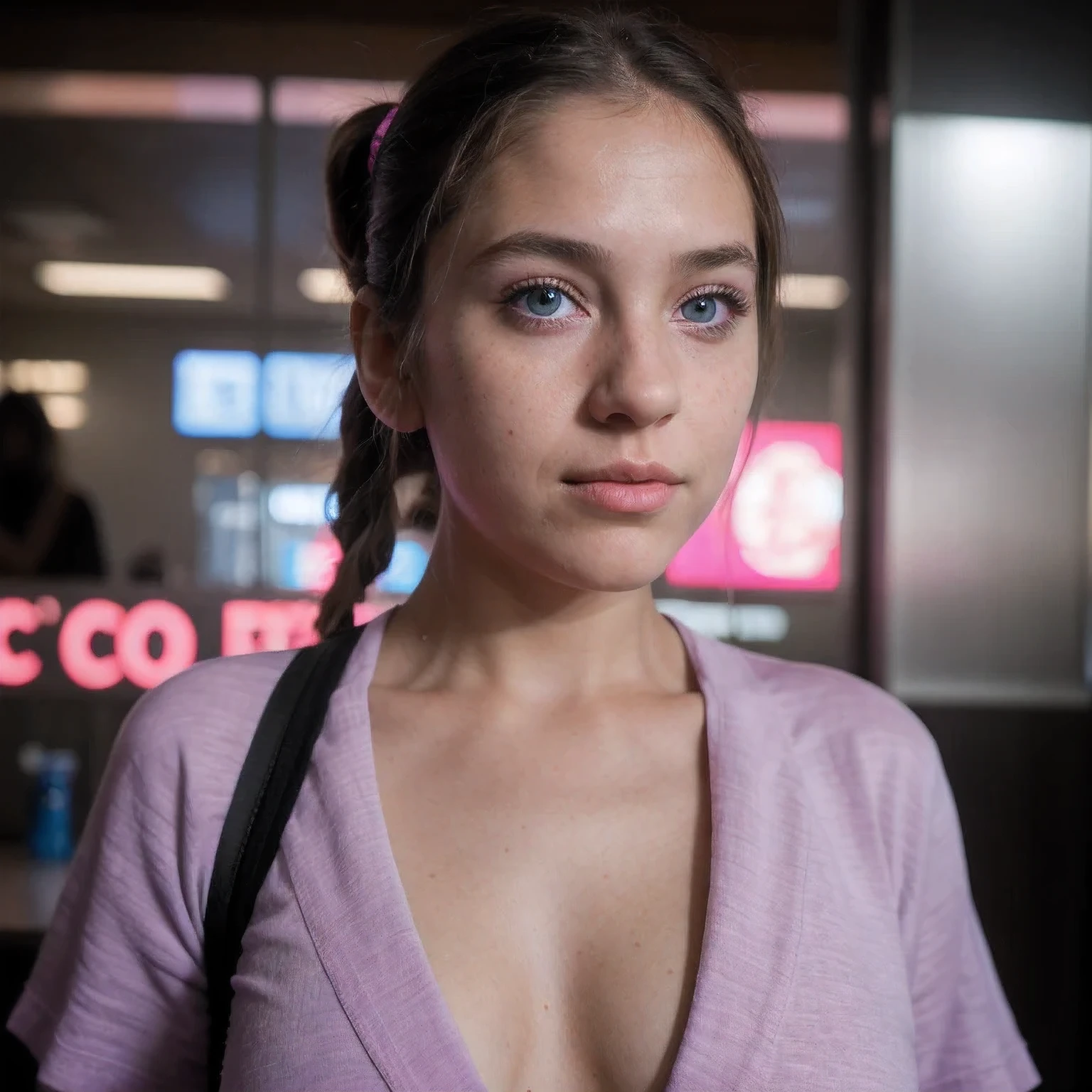 photo of a schoolgirl，9 years old, in Purple Pink, futuristic cotton and linen, (freckles:0.8) cute face, sci-fi, dystopian, detailed eyes, cobalt blue eyes（（Side view））Disco bar