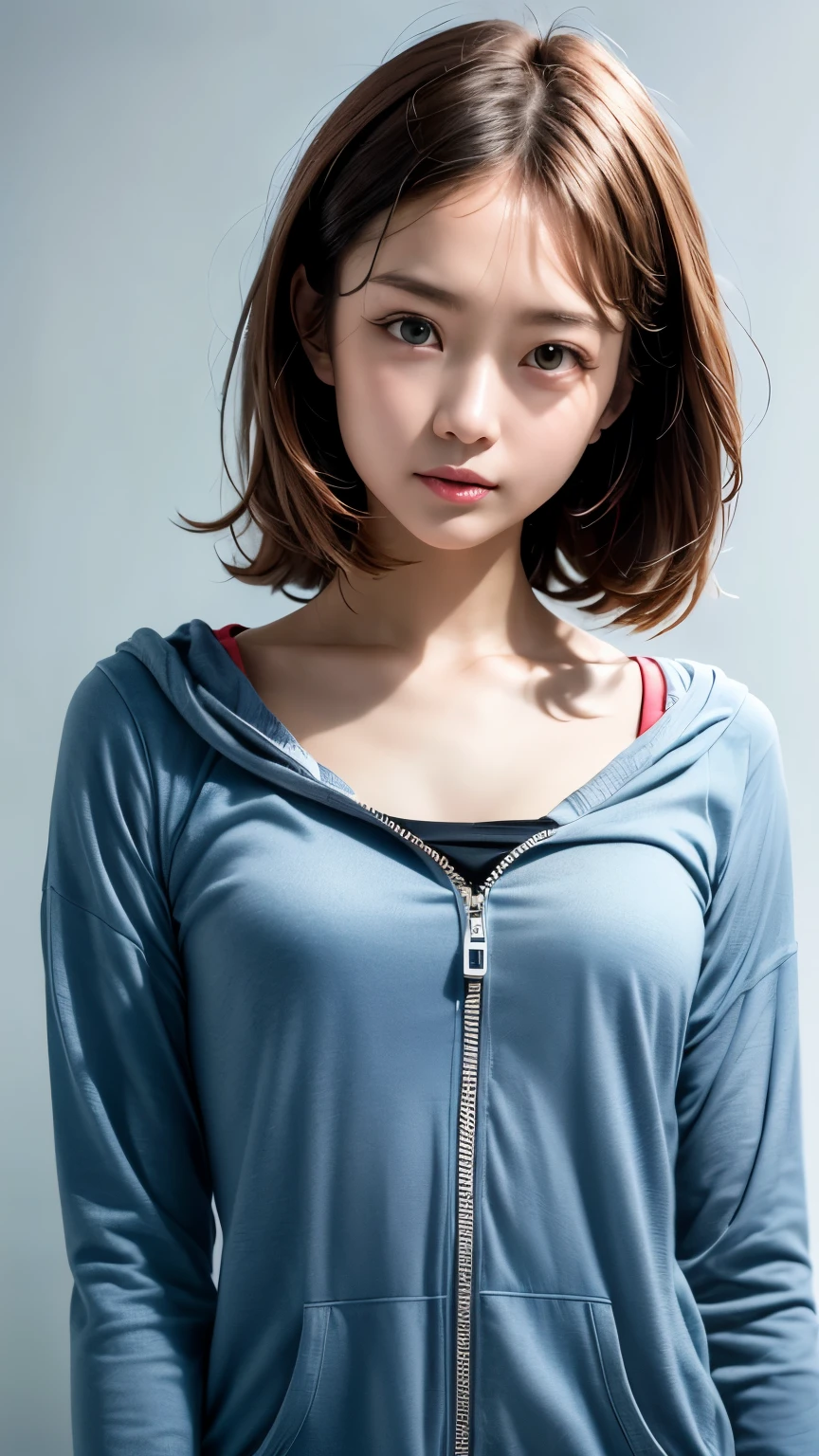 (masterpiece, highest quality:1.2), 8k, Absurd, (Upper Body:1.2), Violet, Gardenias, beautiful girl, (Pretty face, Detailed face:1.2), He is wearing a short tank top and an open-zipped hoodie.....,I can see your chest,Nice ass,Wear a New Era cap,View your viewers, Film Grain, chromatic aberration, Sharp focus, High resolution, Face Light, (Simple Background, Dull Blue Background:1.3)
