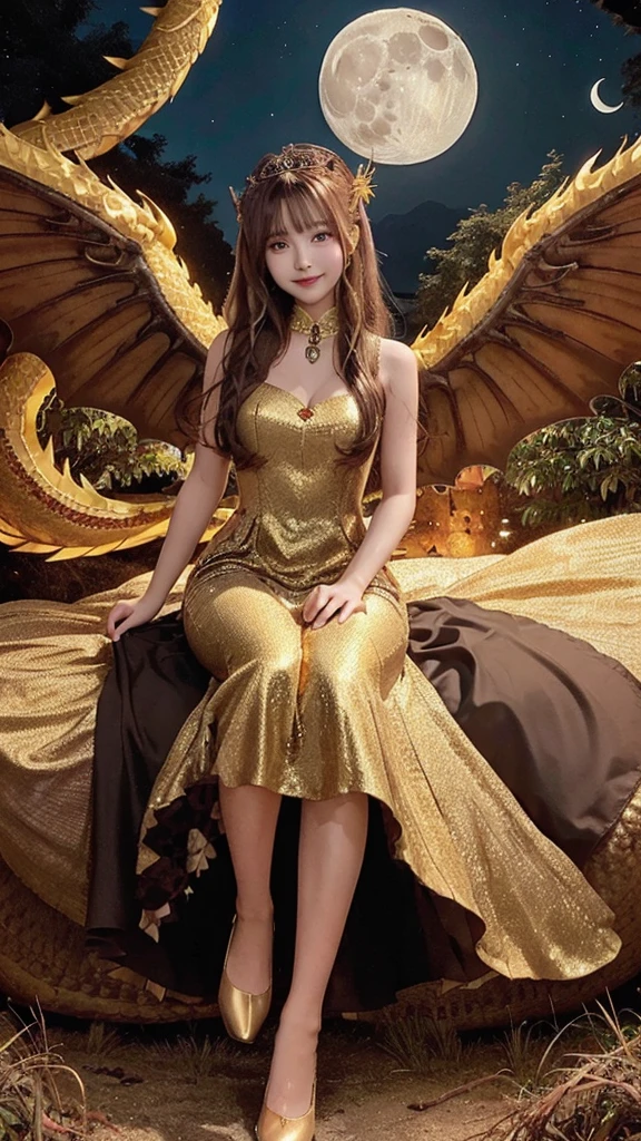 Princess (Brown Hair, wearing long dresses, Have a magic wand), background (forest, moon), Chinese Dragon (One, Five-clawed golden dragon, Two Wings), Princess riding a dragon,smile