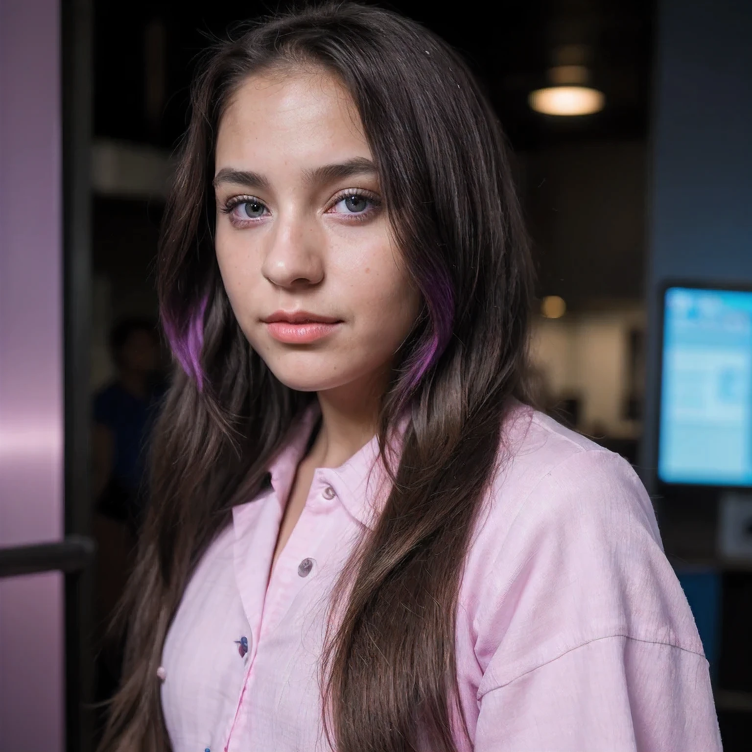 photo of a girl，9 years urple Pink, futuristic cotton and linen, (freckles:0.8) cute face, sci-fi, dystopian, detailed eyes, cobalt blue eyes（（Side view））Disco bar