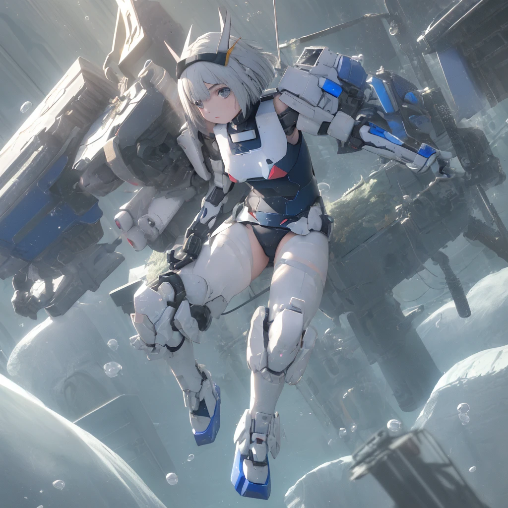 (highest quality)), ((masterpiece)), (very detailed: 1.3), 3D, {(1 girl)}, (wear dark blue Old School Swimsuit under armor:1.2), unarmored waist, wears a futuristic white Gundam mecha,(Gundam), with headgear, with v-fin , armored shoulders,armored under arms, armored under legs, dark blue Old School Swimsuit, multilayer textureperfect proportions, octane rendering, duotone lighting, Low ISO, wide aperture, White balance, Rule of thirds, ultra HD16k, HDR (High Dynamic Range), Ray Tracing, NVIDIA RTX, Super Resolution, Subsurface Scattering, PBR Texturing, Post Processing, Anisotropic Filtering, Depth of Field, Maximum Clarity and Clarity, High efficiency subpixel, subpixel convolution, particles of light, light scattered, Tyndall effect, full body:1.5, battle pose, cute, (cute:1.2), (bob cut:1.3),Braid, Black Hair, Thick eyebrows, Light-colored irises, Big, bright black eyes, Long eyelashes, Small, light-colored, natural lips, (Average face of Japanese idols), (The uniquely Japanese like face:1.3), (baby de forehead:1.2, Plump Cheeks, Small jaw, (underwater thruster attached on shoulders:1.5), On the calm waters of Iceland,looking at viewer,Focus on the eyes