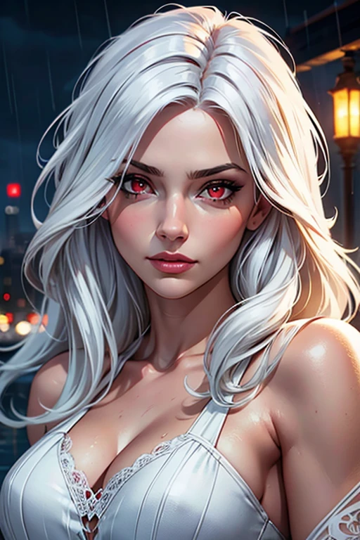 masterpiece, best quality, extremely detailed, cinematic lightning, intricate detail, highres, official art, finely detailed beautiful face and eyes, high resolution illustration, 8k, depth of field, bokeh, solo, 1girl, a girl with white hair and red eyes, long white hair, beautiful red eyes, beautiful landscape, rainy city, upper body, looking at viewer, close up