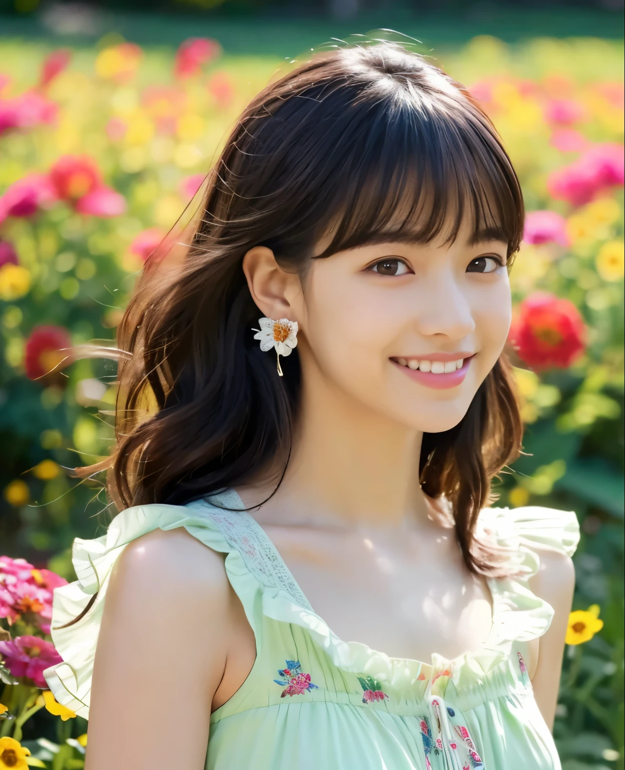 ((masterpiece)), 8k, masterpiece, best quality, 1 girl, Solitary, real, garden, Reality, Ultra Detailed, Detailed background, (Solitary: 1.4), Wearing a dress, Happy expression, slim body, lifelike、Delicate Half Hair, Intricate details, masterpiece, best quality, waist shot, ((Colorful flower field background)), Smile, ((looking at camera)), earrings, Black half hair, Asymmetrical bangs, Natural breasts,