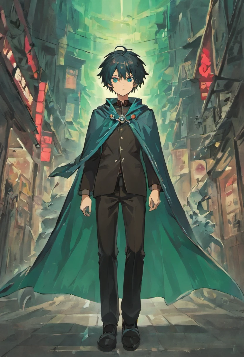 1boy, aux cheveux bleu clair, yeux vert clair, black tick long sleeve, with cape designed in black and red, deux épées noires croisées dans son dos, avec pantalon kimono et botte longue blanche, with one eye on his left side, background: A place full of demons, I look at the creator, and with a red-eyed wolf by his side