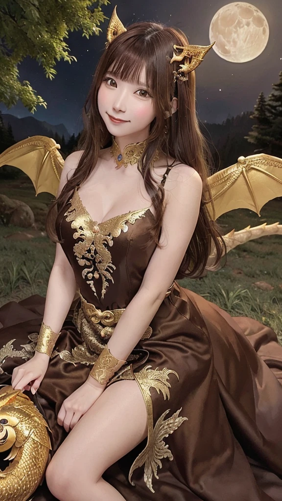 Princess (Brown Hair, wearing long dresses, Have a magic wand), background (forest, moon), Chinese Dragon (One, Five-clawed golden dragon, Two Wings), Princess riding a dragon,smile