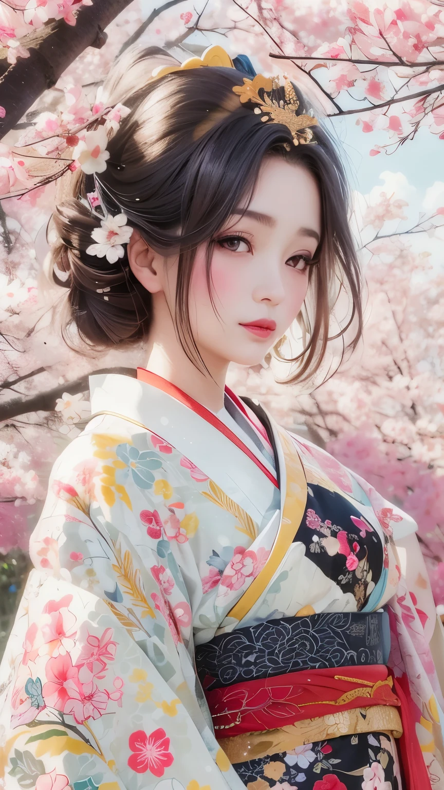 Geisha stands gracefully under the cherry blossoms, Look back and smile: 1.37. Red cherry blossom petals falling, her whole body,
White foundation on the girl's face without any highlight or shadow decoration. White foundation makeup covers the face and neck. Red lip makeup is a mouth area that is smaller than normal lips. Thick and thin eyeliner can highlight the outline of the eyes, Strengthen eyes, Makes pupils look dark and deep. Straight eyebrows are eye-catching and not stiff, Make the whole face cleaner. Typical Japanese Geisha makeup, Wearing a gorgeous kimono embroidered with black and gold cherry blossoms, This is a long-sleeved kimono, Wearing Japanese clogs, background: Deep streets and alleys under the moonlight, White and black, Surrealism, Realistic depiction of light and shadow, Realistic and exaggerated photos, Ultra-high quality, Super Detail, Movie Lenses, Shallow and deep,