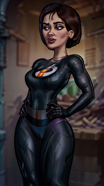 (A melhor qualidade,A high resolution,Ultra - detalhado,real),Helen Parr com um BodySuit vermelho e preto ,(domino mask), cabelo castanho curto, ,(Ruined dungeon ruins background:1.4 ), (Detalhes do rosto: 1.5, olhos azuis brilhantes, bonito rosto, olhos bonitos, Contorno del iris, thin lips: 1.5, afinar, sharp pale eyebrows, longo, dark lashes, Guias duplas),(Helen Parr :1.4),( Helen Parr V2.1), (dynamic pose), (the Incredibles), (not mutations), (fundo da caverna pedras grandes:1.4),(Ruined dungeon ruins background:1.4 ),( cores brilhantes), (Obra-prima: 1.4), (8k, realista, foto crua, A melhor qualidade: 1.4),