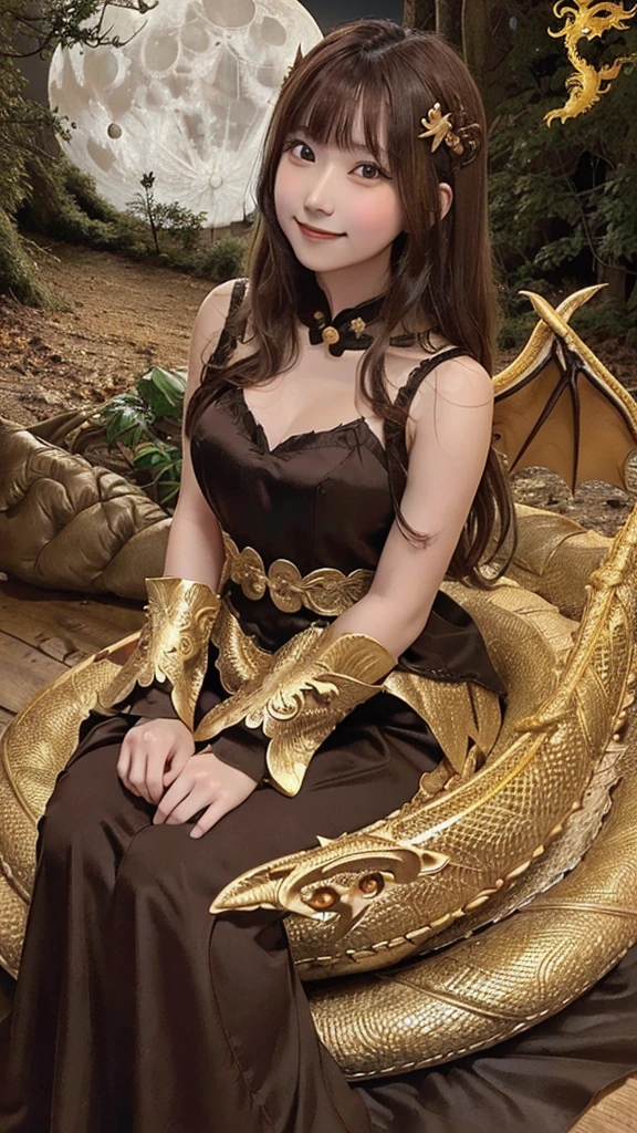 Princess (Brown Hair, wearing long dresses, Have a magic wand), background (forest, moon), Chinese Dragon (One, Five-clawed golden dragon, Two Wings), Princess riding a dragon,smile
