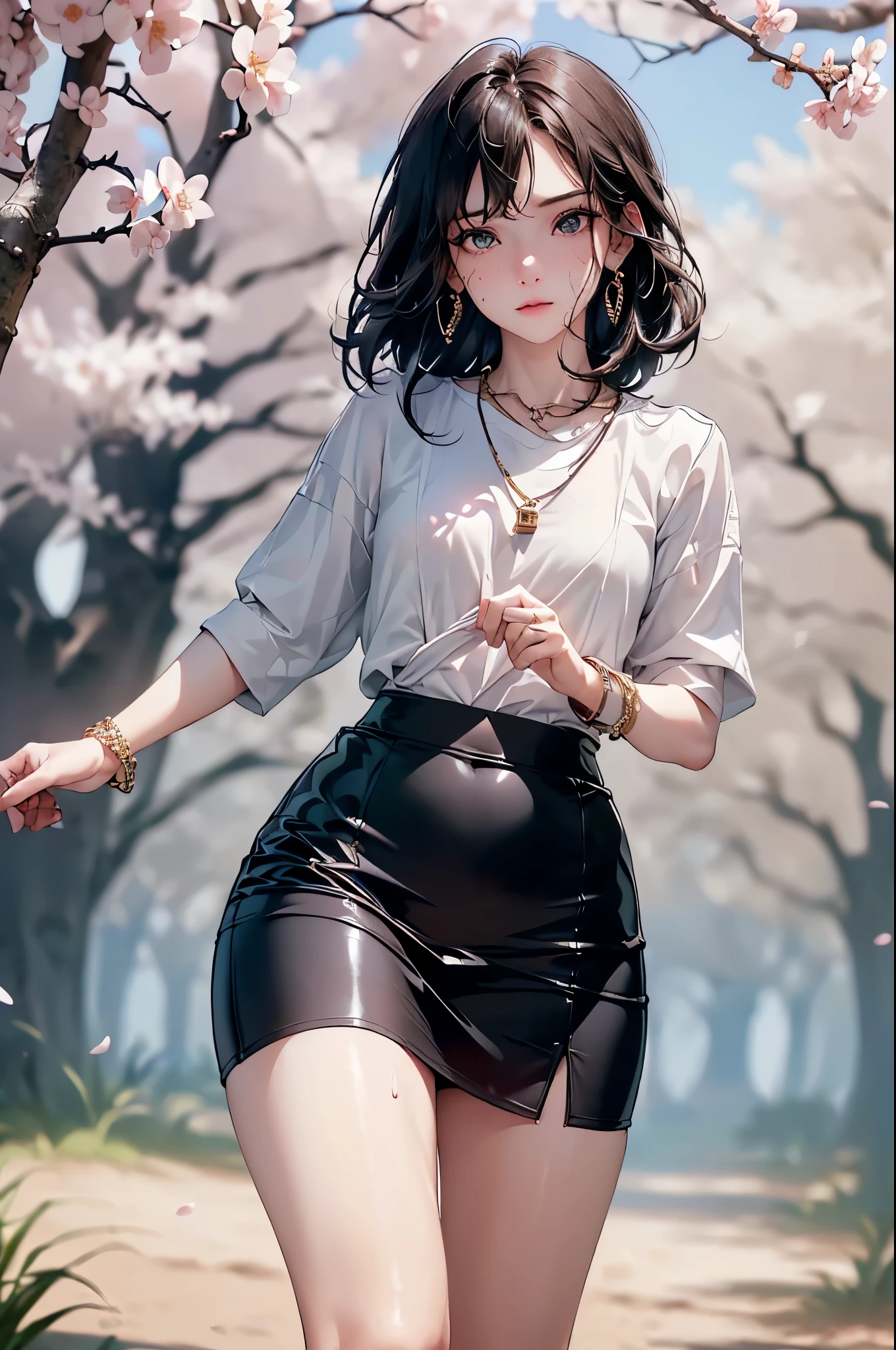 ((Lisa from Blackpink)), t-shirt, tiny pleated skirt, waist-high black tights, high heels, close-up of face, very light skin, short hair, wavy hair, camp, forest, photorealistic, indirect lighting, volumetric light, ray tracing, hyperdetailed, best quality, high resolution, HDR, 8k, topless naked