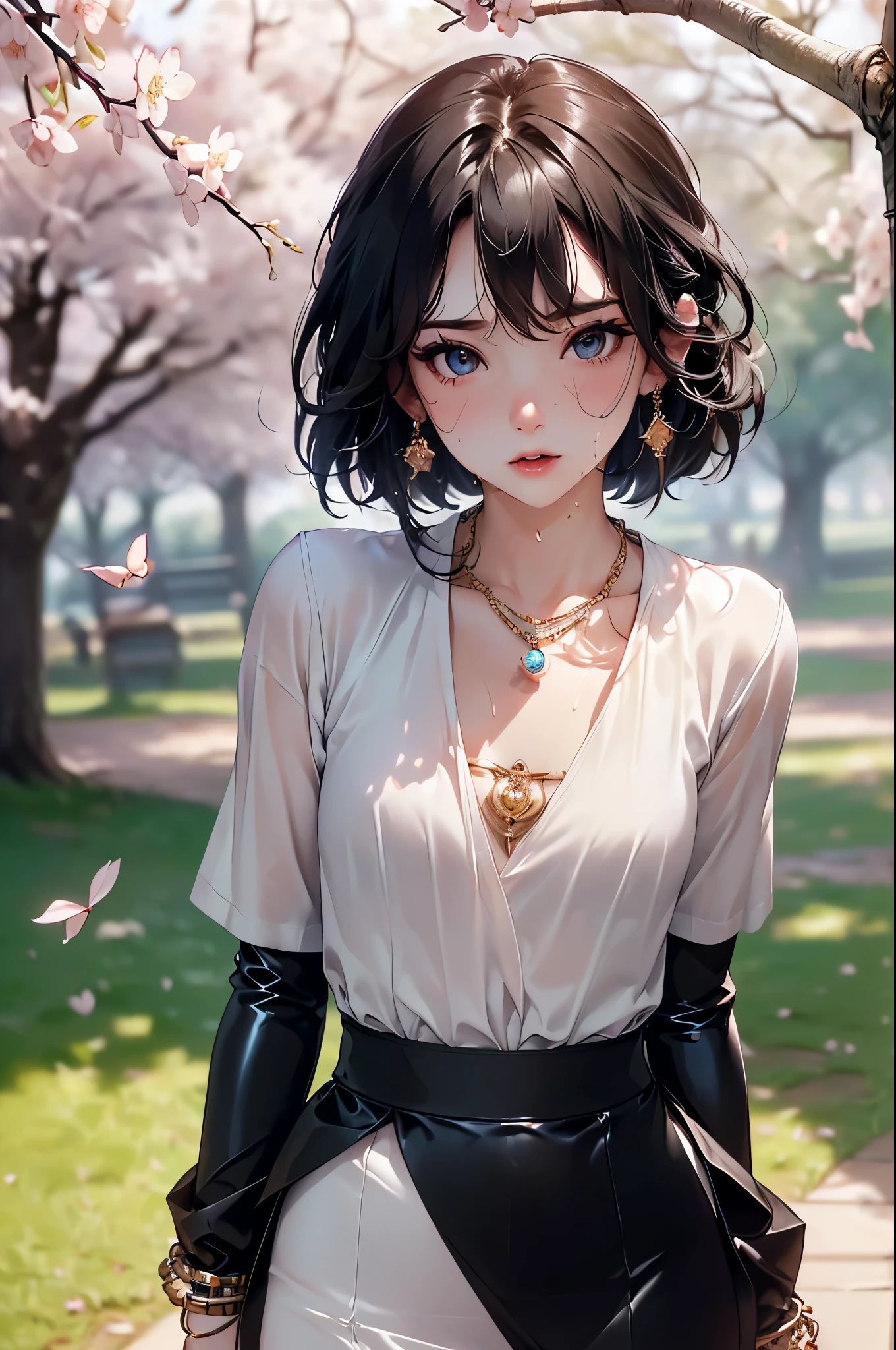 ((Biologically correct limb count))、((Full Body Shot, Full-body photo including face、Head to toe photos))、4K、masterpiece、((Focus on the face))、((Symmetrical facial features))、Eyes of meticulous depiction、Beautiful woman、Excellent style、Beautiful feet、(Black Stockings、High heels with anklets）、Facial detailing、Small earrings、necklace、((Close-up photo of the upper body))、(Latex shirts、Latex skirt）、Morning park scenery during cherry blossom season、(( Sweating profusely))、Low - Angle、(Shy)、