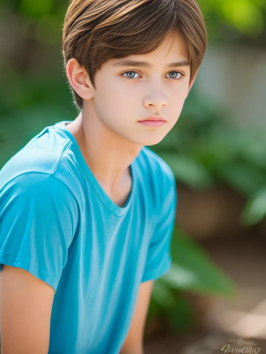 A 14 year old boy, hermoso, facciones finas, rasgos lindos, piel blanca, ojos azules, light brown hair, mirada triste y pensativa, pecho agradable y definido, piernas fuertes musculosas
