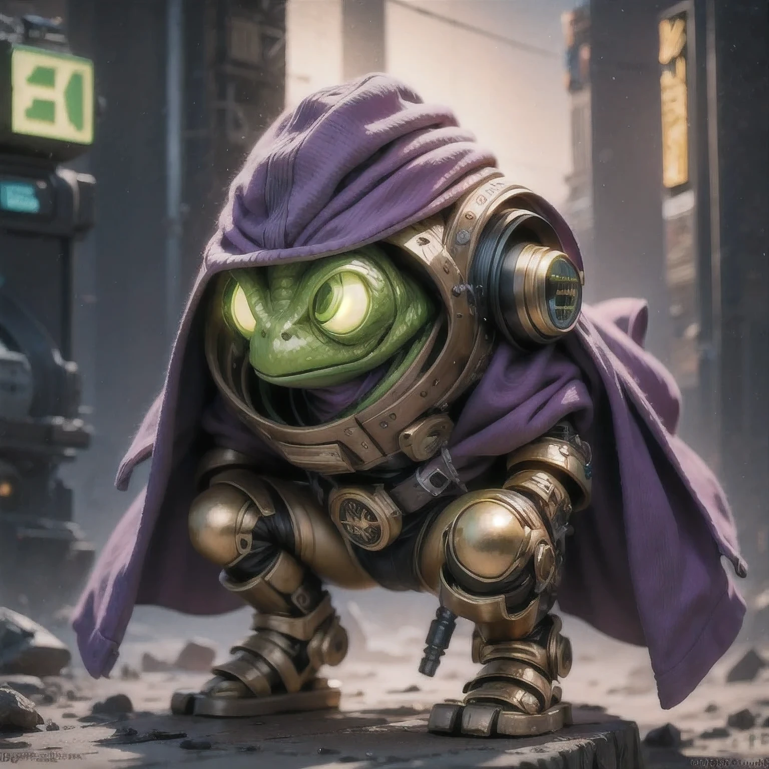 there is a (((steam punk))) frog with purple eyes and a purple cape, kermit the frog as thanos, cyberpunk frog, fantasy style 8 k octane render, super detailed render, small character. unreal engine 5, hyperdetailed fantasy character, unreal 5 engine highlly render, rendered in redshift, hq 4k wallpaper, sci-fi lizard alien, unreal 5 render, alien frog,Green frog，Eyes are purple，Draped in a purple cloak, Kermit the Frog as Thanos, cyberpunk frog, fantasy style 8 k octane render, Ultra-detailed rendering, Personagem pequeno. Unreal Engine 5, Super detailed fantasy characters, Unreal Engine 5 Highly Rendered, Redshift rendering, HD 4K Wallpaper, Sci-fi lizard alien, Unreal 5 Rendering, alien frog,Close ups of robots with lights on their heads, online steampunk 8 k 3 D, 3 D render  Beppur , 8 K fine digital art, fantasy style 8 k octane rendering, small characters Unreal Engine 5, Buppur Octane rendering, 3 D rendering digital art, (Octane rendering) fantasy style, 8 k solar punk wallpaper，Close-up of a robot with a light on its head, cyber steampunk 8 k 3 d, 3 d render Bepple, 4K Detailed Digital Art, Fantasy style 8 k Octane Rendering, Personagem pequeno. Unreal Engine 5, Bepple. Octane Rendering, 3d rendering digital art, (Octane Rendering) Fantasy style, 4k solar punk wallpaper