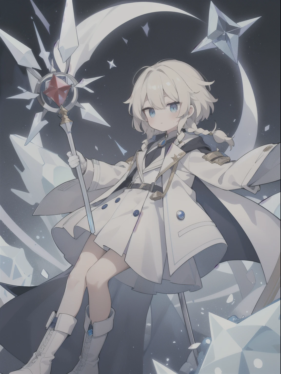 Unknown gender,Age unknown,Platinum blonde curly short hair,Partial long hair braids,Ice Blue Eyes,White coat-like jacket,The clothes inside are navy blue,Boots underfoot,Flying in the sky,Alchemist,He is casting spells while holding a large staff with a red jewel on it.,Final Boss