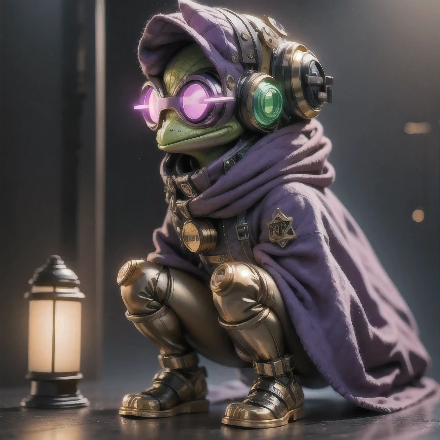 there is a (((steam punk))) frog with purple eyes and a purple cape, kermit the frog as thanos, cyberpunk frog, fantasy style 8 k octane render, super detailed render, small character. unreal engine 5, hyperdetailed fantasy character, unreal 5 engine highlly render, rendered in redshift, hq 4k wallpaper, sci-fi lizard alien, unreal 5 render, alien frog,Green frog，Eyes are purple，Draped in a purple cloak, Kermit the Frog as Thanos, cyberpunk frog, fantasy style 8 k octane render, Ultra-detailed rendering, Personagem pequeno. Unreal Engine 5, Super detailed fantasy characters, Unreal Engine 5 Highly Rendered, Redshift rendering, HD 4K Wallpaper, Sci-fi lizard alien, Unreal 5 Rendering, alien frog,Close ups of robots with lights on their heads, online steampunk 8 k 3 D, 3 D render  Beppur , 8 K fine digital art, fantasy style 8 k octane rendering, small characters Unreal Engine 5, Buppur Octane rendering, 3 D rendering digital art, (Octane rendering) fantasy style, 8 k solar punk wallpaper，Close-up of a robot with a light on its head, cyber steampunk 8 k 3 d, 3 d render Bepple, 4K Detailed Digital Art, Fantasy style 8 k Octane Rendering, Personagem pequeno. Unreal Engine 5, Bepple. Octane Rendering, 3d rendering digital art, (Octane Rendering) Fantasy style, 4k solar punk wallpaper