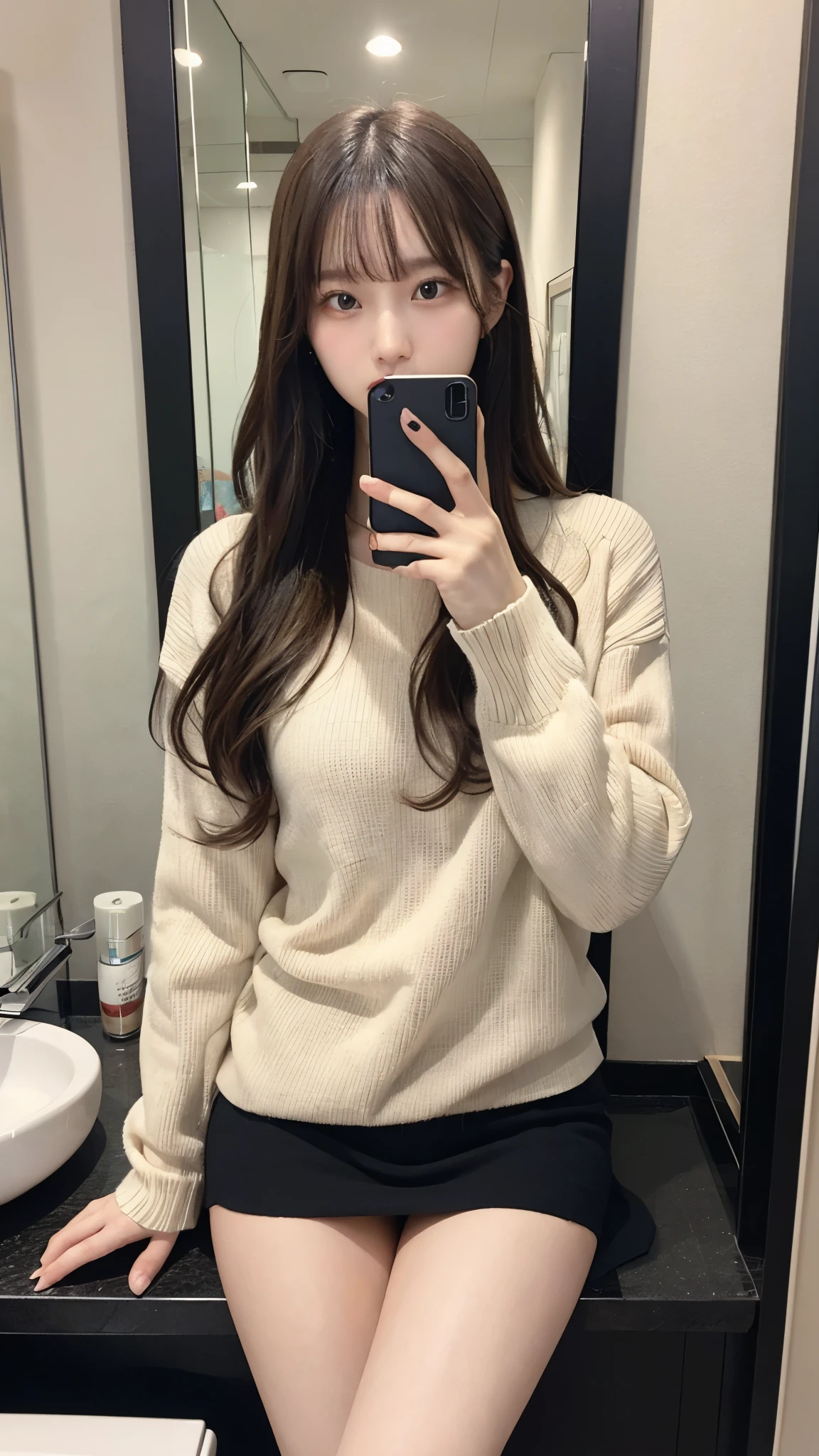 Japanese Beauty、Blonde、Gal、Selfie、Sweater dresirror photo、Reflected in the mirror、Thighs、17 years old、Sitting