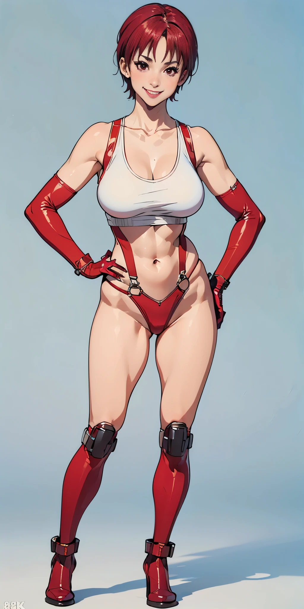 (plain background, 8k, best quality, masterpiece, realistic, photo-realistic:1.37) (full body height standing straight symmetrical contrapposto) (looking at viewer) 2legs apart (wide stance) ultra detailed, 1solo cute girl (beautiful detailed eyes) (smile:1.2) (closed mouth) view from below depth of field, good composition, bob hair, perfect knockers, suspenders, toned body, athletic, wide hips, thin waist, toned arms, exposed abdomen, abs toned, navel, big belly button belt ((red cheeks, red eyes, red tank top, red thong, red gloves gauntlets, red stockings thighs)) (Rei Kishimoto)