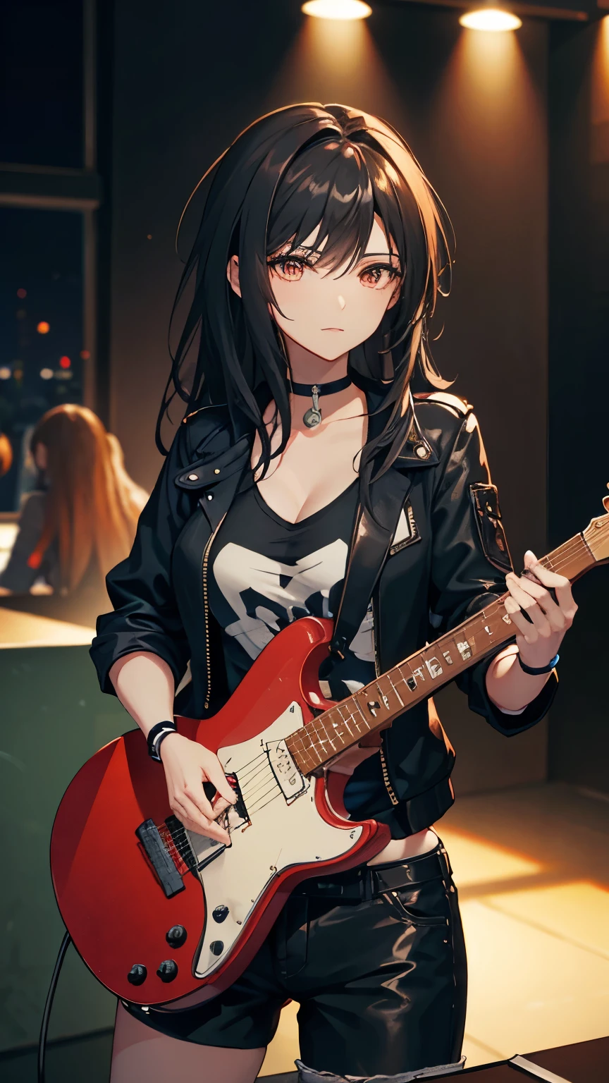 black hair, hair over shoulder, messy hair, masterpiece, (textured skin), best quality, gorgeous adult woman, (Rock band guitarist), T-shirt, leisure jacket, choker, (electric guitar), Fender, (at Live venue)