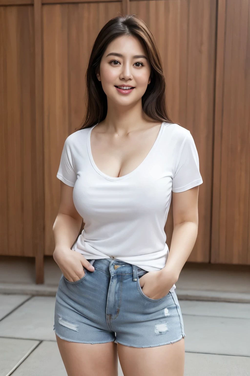 highest quality, 8k wallpaper, masterpiece, Photorealistic, Chubby beauty, 28 years old, Breast enlargement, Cleavage, Plump thighs, Highly detailed face and skin texture, Super delicate eyes, Chubby face, Thick lips, Laughter, ((Plain V-neck T-shirt)), (Shorts), Standing posture, Street Background, (Straight Hair)