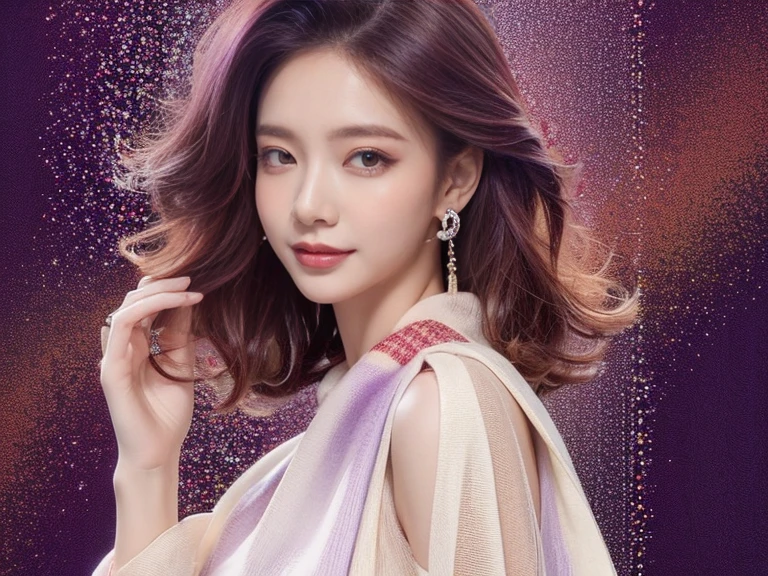 highest quality, Very detailed, masterpiece, 1 person,woman,(((完璧なwomanの体))),Very beautiful face, Very beautiful body,Gentle expression, Very beautiful eyes,(Perfect Makeup:1.1),Fashion Model,Cyberpunk Fashion,Curly Hair,Shaggy Hair,Purple-red and white-blue hair:1.3, Very thin body,Smart Abs, Monogram pattern,Gradation,Dress One Piece,Two-tone high-top sneakers,A kind smile,Full body portrait,(Nightclub Background), (Shiny skin),(Earrings),Seesul,Colorful scarves,A long shawl with an intricate pattern,