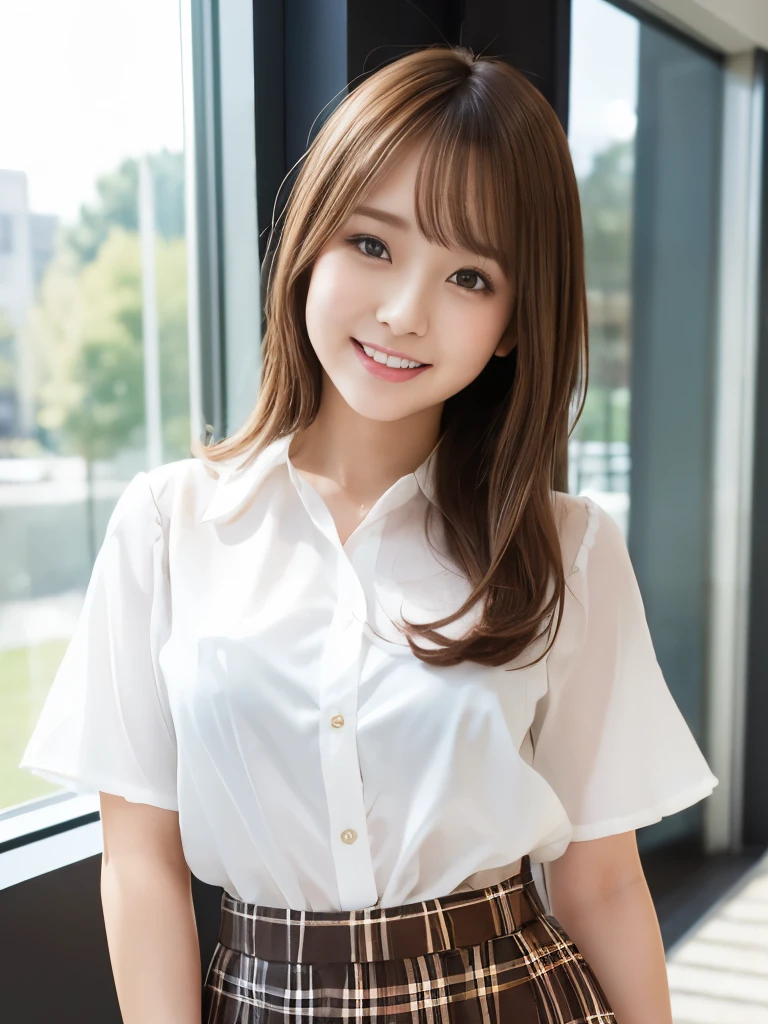 A beautiful Japanese shy girl, age 18 years old, short brown hair, brown big eyes, shiny lip, shiny hair, ecstatic expression, wearing white blouse, plaid mini skirt, in front of huge window, The background is very blurry, 