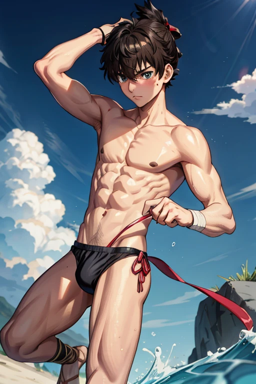 Tied up torture anime fight youth Swimwear back male Yellow muscle Thin Thin legs Embarrassed bandage