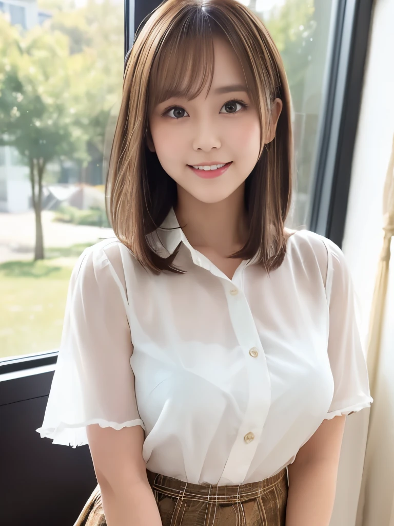 A beautiful Japanese shy girl, age 18 years old, short brown hair, brown big eyes, shiny lip, shiny hair, ecstatic expression, wearing white blouse, plaid mini skirt, in front of huge window, The background is very blurry, Leaning forward
