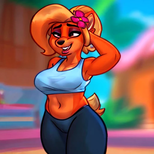 [Coco bandicoot], [Carregado para e621.liquid; (Pixelsketcher), (wamudrawasterpiece)), ((alta qualidade)), ((High definition)), ((retrato solo)), ((corpo todo)), ((Vista frontal)), ((peludo; antropo)), ((pele detalhada)), ((sombreamento detalhado)), ((beautiful rendering art)), ((Vista frontal)), ((visible feet)), ((detalhes intrincados)), {antropo; pelo laranja, nariz preto, (lindos olhos verdes), (short eyelashes), (sombra rosa), (Sorriso fofo), cabelo loiro cacheado, rabo de cavalo encaracolado, (beautiful feet)}, {(top branco com forro rosa), (pequeno ), (tight yoga pants with pink spandex), (pink flower on head)}, {(standing), (curvando-se), (olhando para o espectador)}, [Fundo; (floresta tropical), (sala de estar), (comida de ioga), (raios solares), (smartphone rosa)]