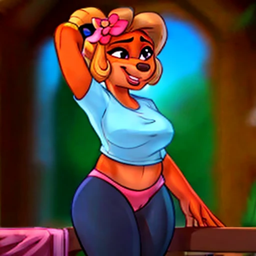 [Coco bandicoot], [Carregado para e621.liquid; (Pixelsketcher), (wamudrawasterpiece)), ((alta qualidade)), ((High definition)), ((retrato solo)), ((corpo todo)), ((Vista frontal)), ((peludo; antropo)), ((pele detalhada)), ((sombreamento detalhado)), ((beautiful rendering art)), ((Vista frontal)), ((visible feet)), ((detalhes intrincados)), {antropo; pelo laranja, nariz preto, (lindos olhos verdes), (short eyelashes), (sombra rosa), (Sorriso fofo), cabelo loiro cacheado, rabo de cavalo encaracolado, (beautiful feet)}, {(top branco com forro rosa), (pequeno ), (tight yoga pants with pink spandex), (pink flower on head)}, {(standing), (curvando-se), (olhando para o espectador)}, [Fundo; (floresta tropical), (sala de estar), (comida de ioga), (raios solares), (smartphone rosa)]