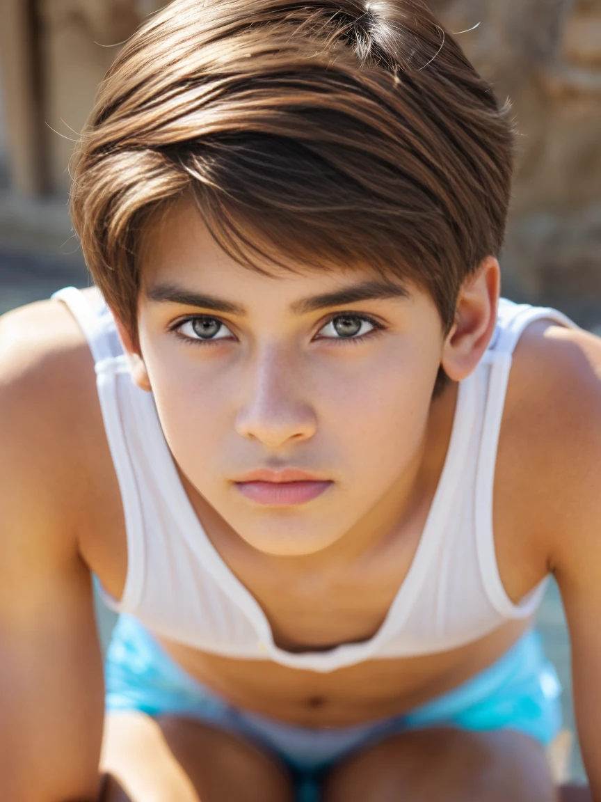 A boy, hermoso, facciones finas, rasgos lindos, piel blanca, ojos azules, light brown hair, mirada triste y pensativa, pecho agradable y definido, piernas fuertes musculosas