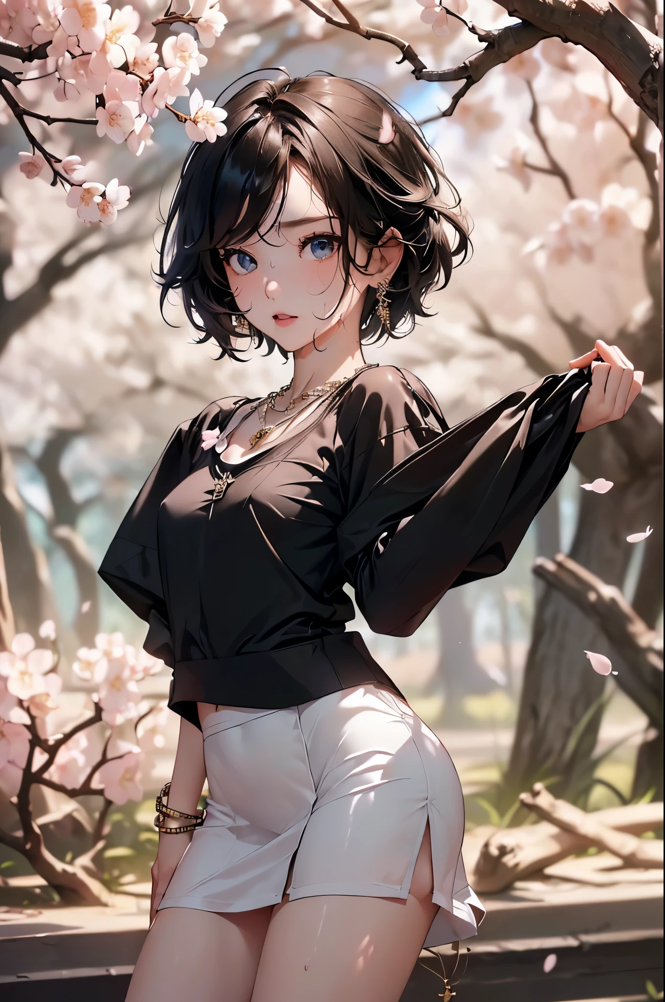 ((Biologically correct limb count))、((Full Body Shot, Full-body photo including face、Head to toe photos))、4K、masterpiece、((Focus on the face))、((Symmetrical facial features))、Eyes of meticulous depiction、Beautiful woman、Excellent style、Beautiful feet、(Black Stockings、High heels with anklets）、Facial detailing、Small earrings、necklace、((Close-up photo of the upper body))、(Latex shirts、Latex skirt）、Morning park scenery during cherry blossom season、(( Sweating profusely))、Low - Angle、(Shy)、