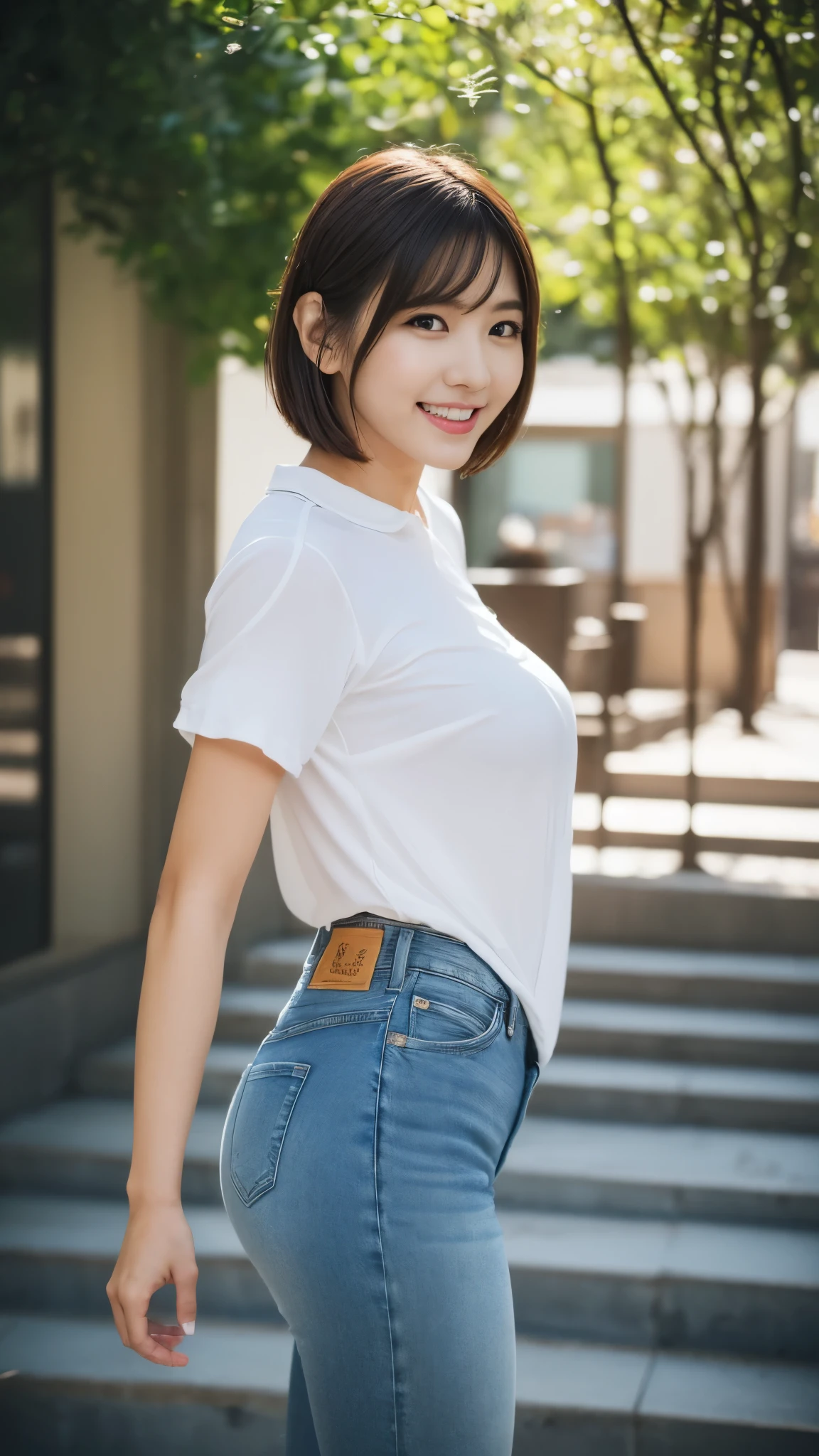 (超A high resolution,RAW Photos,8k,KHD,highest quality,masterpiece:1.5),(Intricate details,Realistically),One very beautiful woman, 30 years old, High resolution, Highly detailed face, (Professional Lighting,Bokeh),(Particles of light,Lens flare brilliance,Luminous Particles:0.6),Gentle soft lighting,Trendy atmosphere,Japanese,Street,Stylish side-wavy short hair,Bobohead, Brown haired, hair is delicate and soft,Spread your wings, Lips parted, mouth紅, Captivating smile, smile, mouth, teeth, There are small dimples,White Swan Neck,Shave your shoulders, Big Chest,(small,Golden ratio numbers),Please wear(Bluish gray)(Perfect fit,Slim fit,体にPerfect fit)Wearing a fashionable white shirt, (Wash Blue)(Fashion Jeans),(Attention to detail in the costumes:1.5), double eyelid,Long eyelashes, Birthmark, (Mole under the eye: 1), Big breasts and small waist,Beautiful ass,Calves are balanced, Thinness:1.2,Small white and soft jade legs,Beautiful toes:1.5,Wear branded fashion sandals:1.0,(Boldness,Coquettish,Playful and beautiful poses,Raised to be sexy,Attractions),Female-centered focus photography,Focus on the hips and crotch,Wide lighting,Natural Shadows,Wide Wide Shot,Close Focus,Full body shot:1.8,Full body photo:1.8