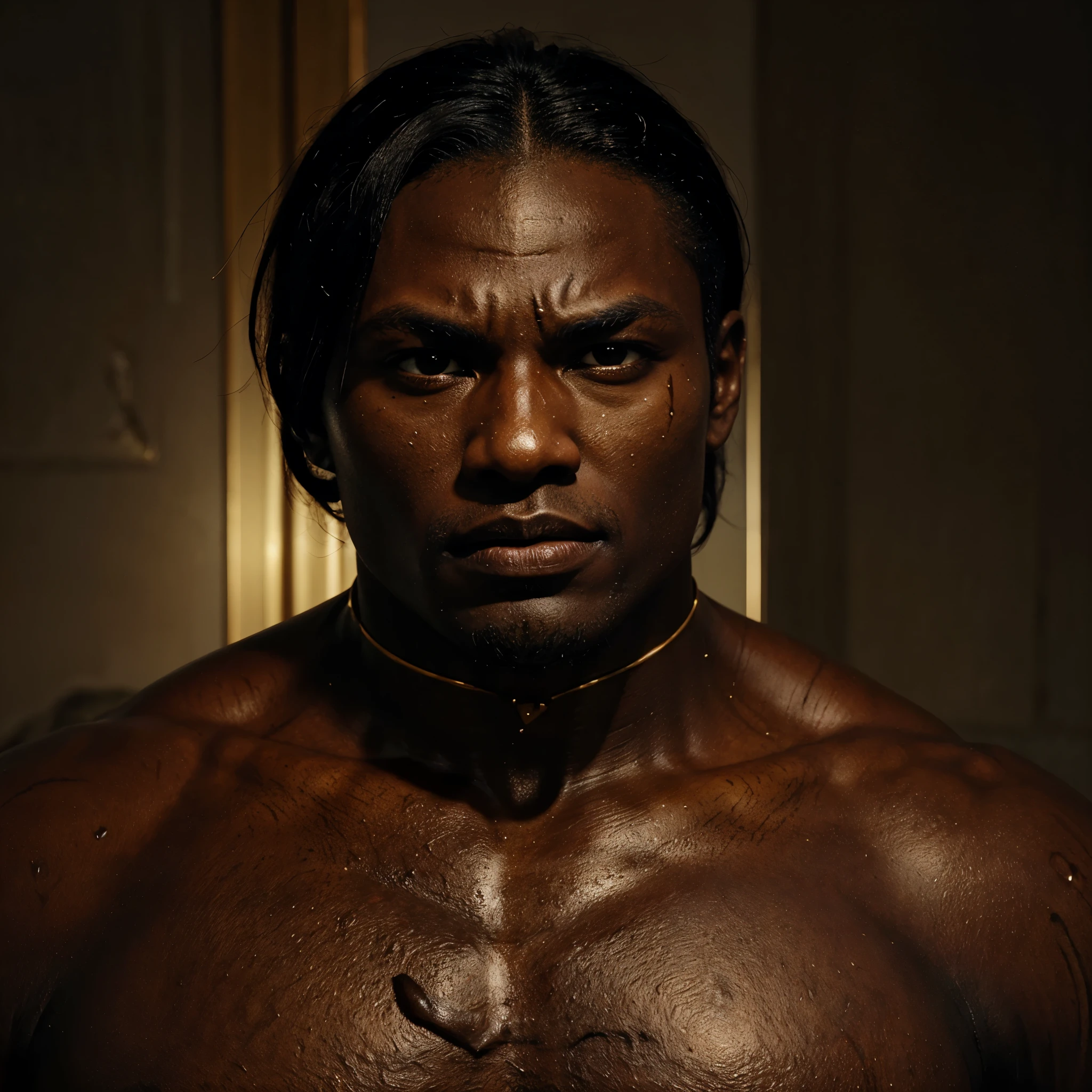 Man with dark skin like gold, eyes and looks, big pectorals, hard face, fleshy lips, multiple cuts on his body like scars, and it may be a demon vampire style.