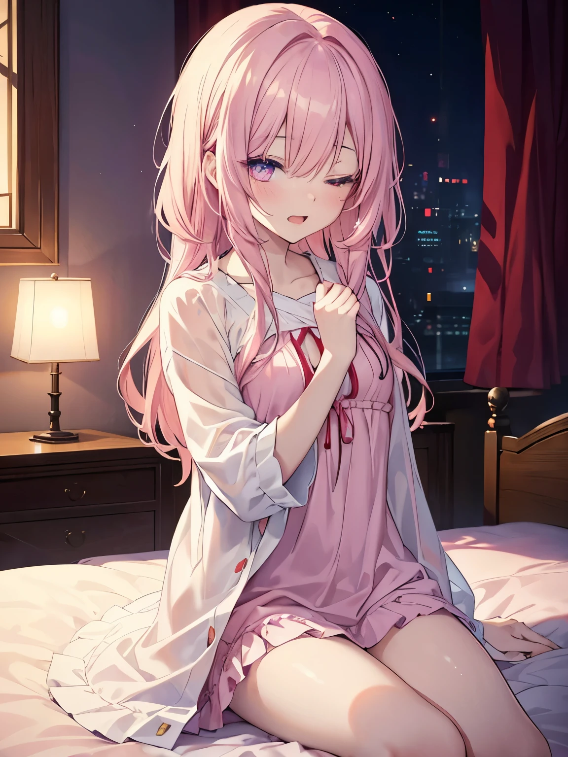 ((masterpiece))、((top-quality)、(Super Detail)、8K、BREAK, 1girl in, nightgown, ((Pearl Necklace)),s asleep, Pink Long Hair, BREAK, s asleep, BREAK, bed, ((by night)), window, a moon,