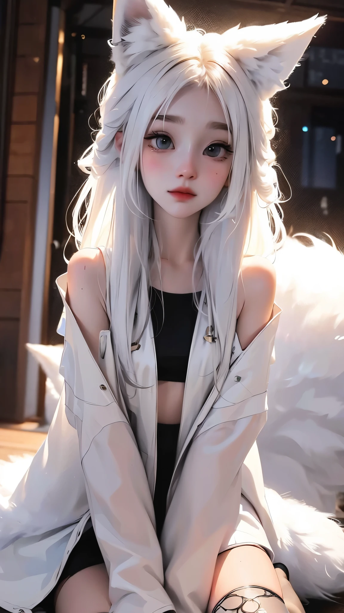 White haired cute anime girl wearing black adventuring clothes with mythical fox tails