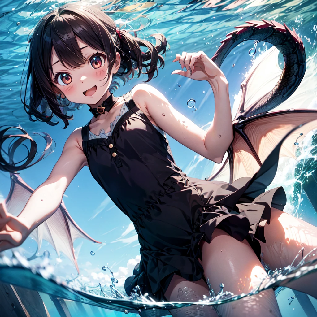 Dragon Girl kawaii faces Symmetrical Dragon Horn symmetrical dragon wings In the water Cute Dresses Dragon's tail short-hair diving underwater swimming pose