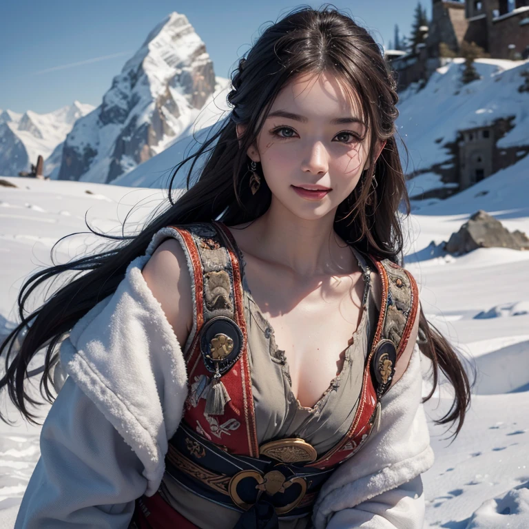 Hide in the snow mountain, Hair flows, (highest quality, masterpiece, 8k, best image quality, ultra high resolution, Award-winning work), (accurate anatomy:1.1), (look at me and smile:1.1), Shining fair skin with ultra high resolution, most detailed face, ultra high resolution detailed face, ultra high resolution hair, (ultra high resolution sparkling eyes:1.1), Beautiful face drawn in every detail, (blurred background:1.1), ancient Inuit clothing, chest together, tattoo, Old ruins in the background, real giant eagle aside