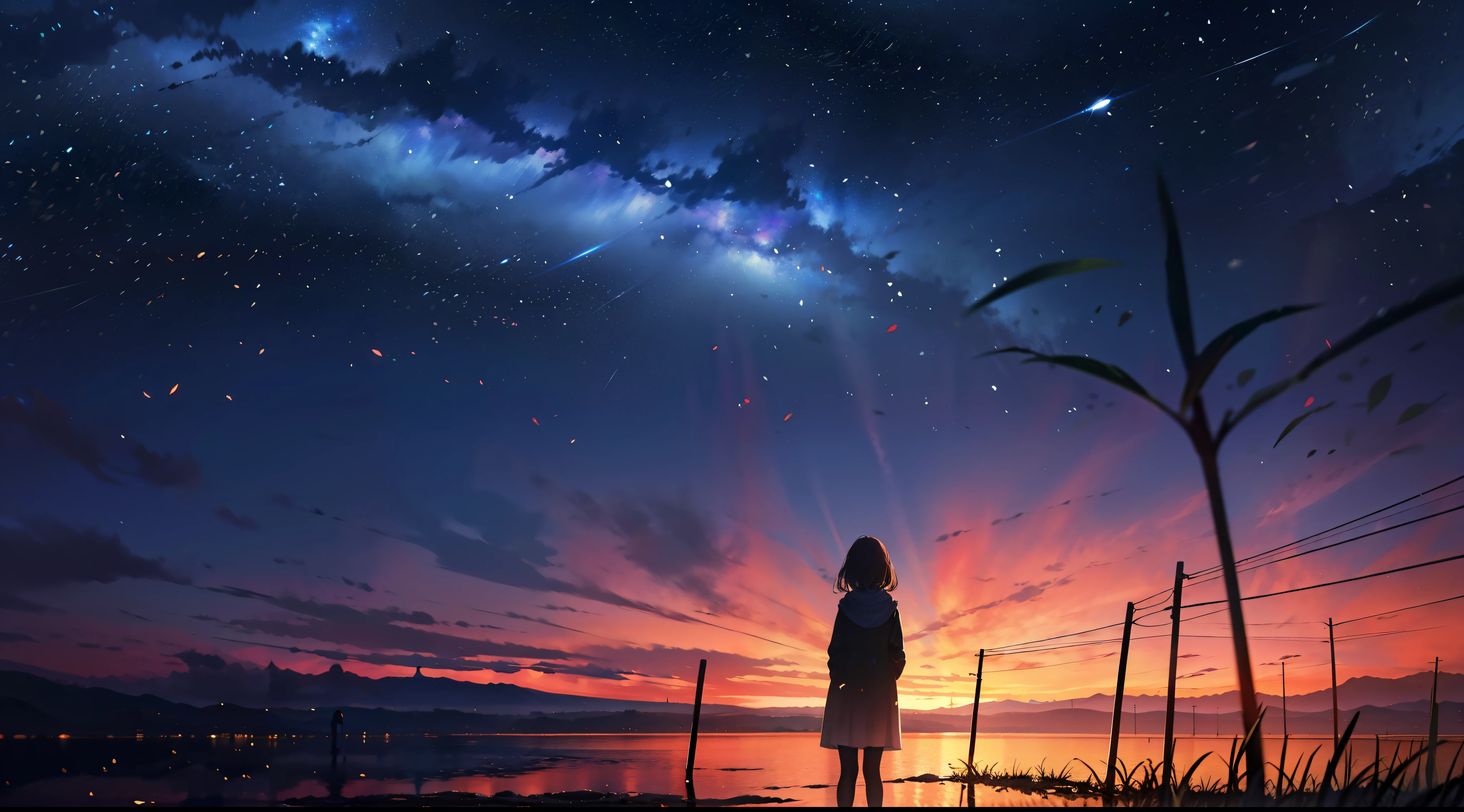 ((best qualtiy)), ((tmasterpiece)), ((Long-range shots)),early evening, A woman who is,Stand in the salt lake,The surface of the water is like a mirror,Reflecting the sky。Look at the sky,The Milky Way is in the sky。