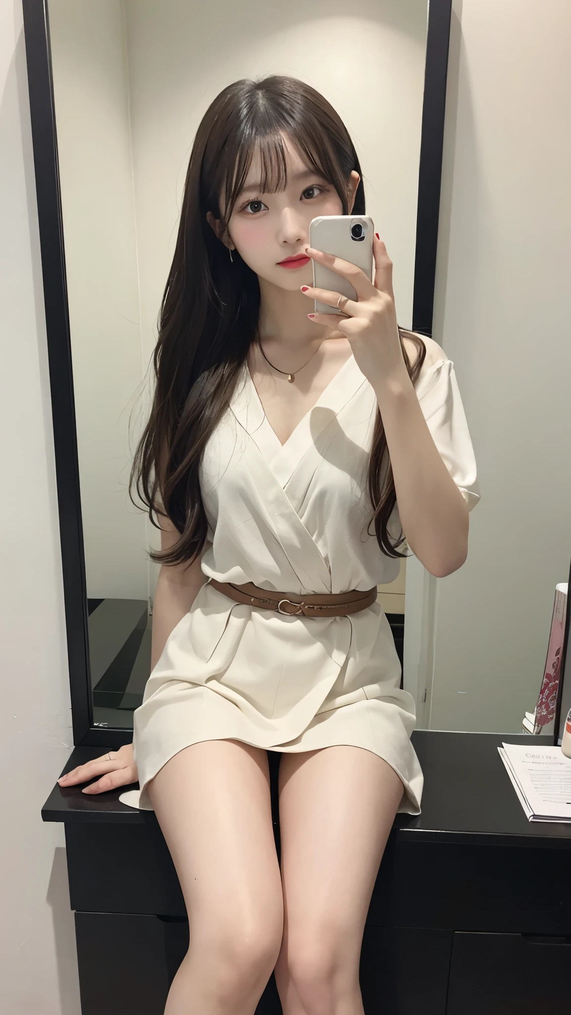 (Highest quality、8k、32K、masterpiece、Best Quality、Realistic))、Black Hair、Medium Hair、Short bangs、(Large Breasts、Wearing a short-sleeved dress:1.3)、Small breasts、Selfie、Sitting、Leg spread、Idol、room