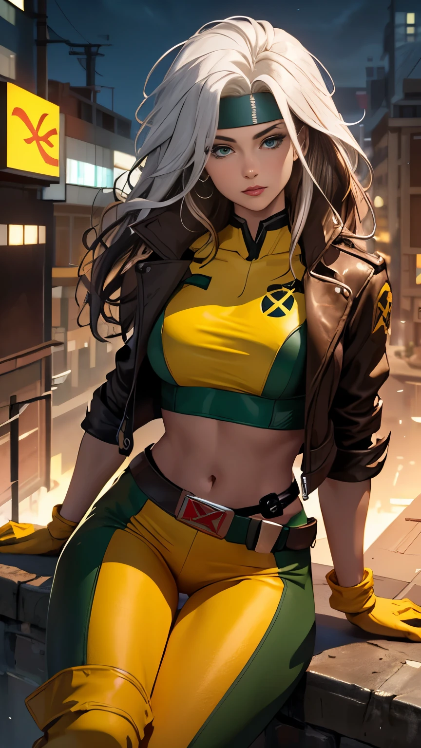 (Highly quality, masterpiece, detailed), night city detailed scenario, night city detailed background, 20 years old girl, solo, multi colored hair, white hair, brown hair, Superhero, Rogue, Xtreme, blue eyes, jacket, open clothes, belt, open jacket, headband, cropped legs, leather, leather jacket, green pants, yellow pants, yellow leather top, green leather top, crop top, sitting on top of a building, navel, perfect face, beautiful eyes, perfect eyes, looking at the viewer, Sexy pose