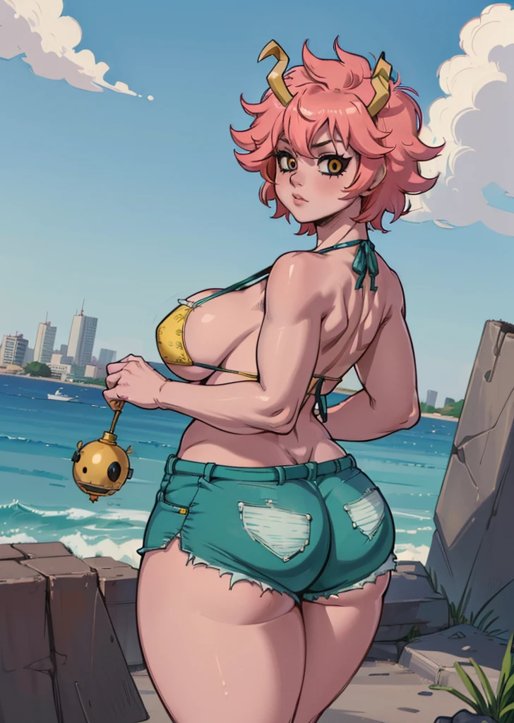 (melhor qualidade:1.3), (Qualidade 4K), 1 mulher madura, Mina Ashido de boku no hero, ((rosto detalhado)), (corar), cidade, (Shorts), big ass, sexy bikini