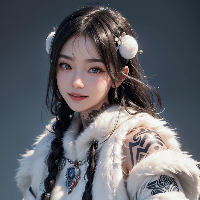 snow mountain、 ((highest quality、masterpiece、8k、best image quality、ultra high resolution、Award-winning work)、(accurate anatomy:1.1)、(look at me and smile:1.1)、Shining fair skin with ultra high resolution、most detailed face、ultra high resolution detailed face、white short hair blowing 、(ultra high resolutionの煌めく瞳:1.1)、Beautiful face drawn in every detail、(blurred background:1.1)、warm Inuit clothing, tattoo, real wolfs beside:1.5
