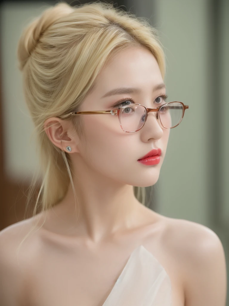 ((Best quality, 8k, Masterpiece :1.3)), Sharp focus :1.2, ((20 years old)). (full body). (Sexy Korean model). (Big breasts:1.3) body. Slim. Skinny. Slender. Charming. Make-up face. Red lipstick. ((Blonde. Blonde. Messy Bun blonde.  Wearing glasses)) naked . Naked. Naked_Also show your ears. In front of the camera. Ear texture. Ear hole details. Realistic. Close-up Shot of Ear. At close range. Shot from the side. in front of the window. room.  °mix4, 20d,Hiper-realistis:1.37),16K HD. 