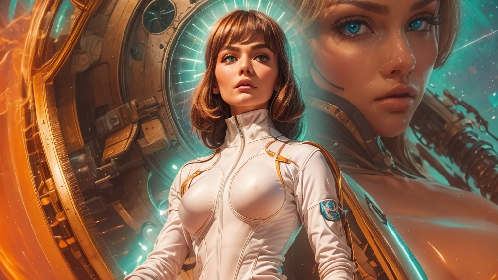 arafed image of a white woman in a futuristic suit with a spaceship in the background, movie art, in front of an orange background, inspired by Robert McGinnis, female protagonist, megastructure in the background, portrait of an ai astronaut, astronauts, an astronaut, portrait of a astronaut skeletor, perfect android girl, detailed eyes, perfectly detailed teeth, frank franzzeta and sakimichan