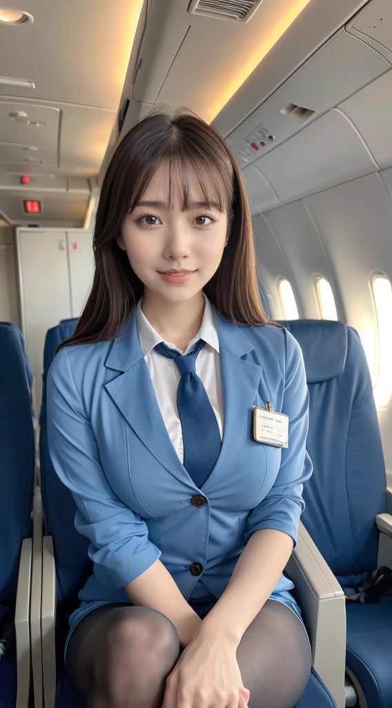 (8K, best quality, masterpiece:1.2), (realistic, photo-realistic:1.37), (high color saturation:1.0), (highly detailed skin), (highest quality:1.0), (ultra high resolution:1.0) ,(realistic:1.0), (Super detailed:1.0), (8K, Raw photo:1.1)、standing random pose, smiling, natural breast, perfect lighting, 3girls, 24years old, (mysterious), clear and detailed, ((ANA_Cabin Crew, blue flight attendant_uniform)), beige pantyhose, (aircraft, aircraft seats), cute face, squat and pick up pen,
