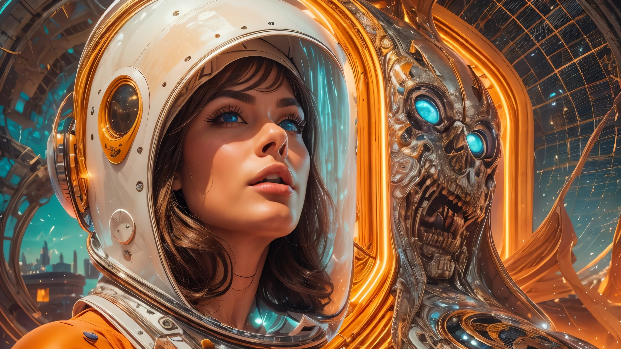 arafed image of a white woman in a futuristic suit with a spaceship in the background, movie art, in front of an orange background, inspired by Robert McGinnis, female protagonist, megastructure in the background, portrait of an ai astronaut, astronauts, an astronaut, portrait of a astronaut skeletor, perfect android girl, detailed eyes, perfectly detailed teeth, frank franzzeta and sakimichan  